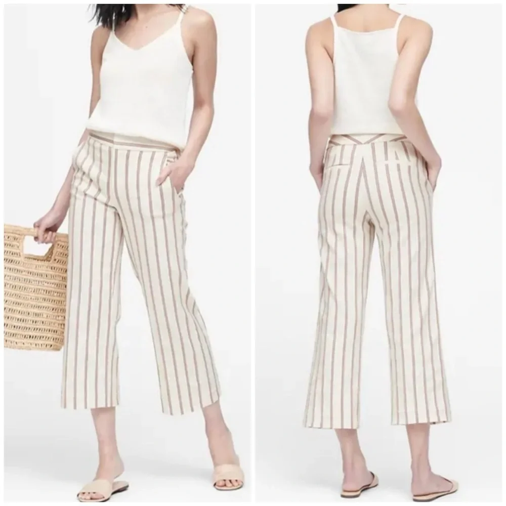NWT Banana Republic High Rise Wide Leg Crop Pants Linen Blend White Red Stripe